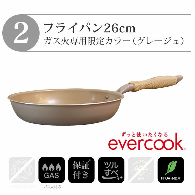 evercook エバークック フライパン 3点セット ガス専用 軽量 グレージュ 玉子焼き+26cmフライパン+28cm深型