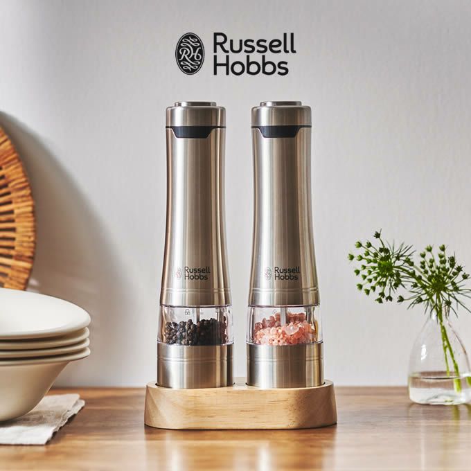 Russell Hobbs ラッセルホブス 電動ミル ソルト＆ペッパー ウッドスタンド セット