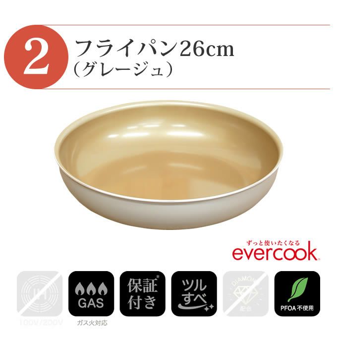 evercook エバークック フライパン 着脱式 ガス火専用 4点セット グレージュ 玉子焼き+フライパン26cm+着脱ハンドル+鍋敷き