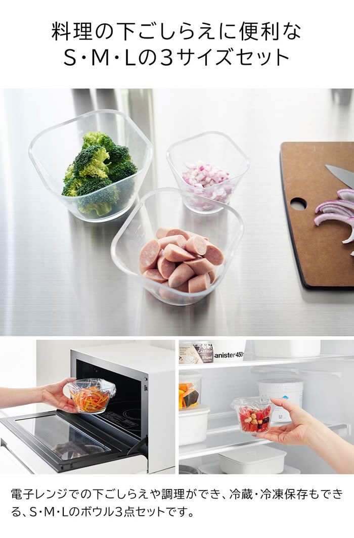 tower タワー 電子レンジ対応洗いやすい下ごしらえボウル SML3点セット クリア